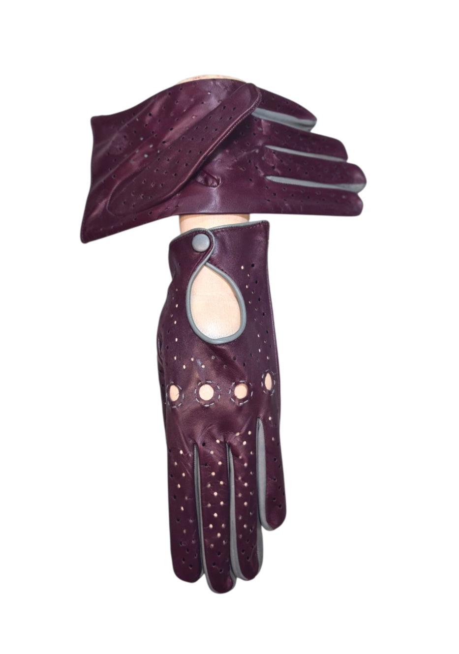 " Maria"-  Guanti da  donna  guida in pelle – Bicolore, sfoderati, con bottoncino rivestito in pelle