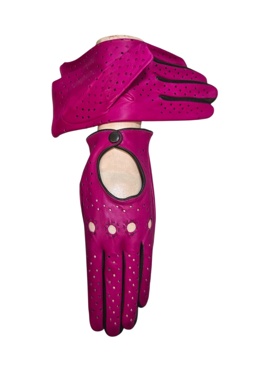 " Maria"-  Guanti da  donna  guida in pelle – Bicolore, sfoderati, con bottoncino rivestito in pelle