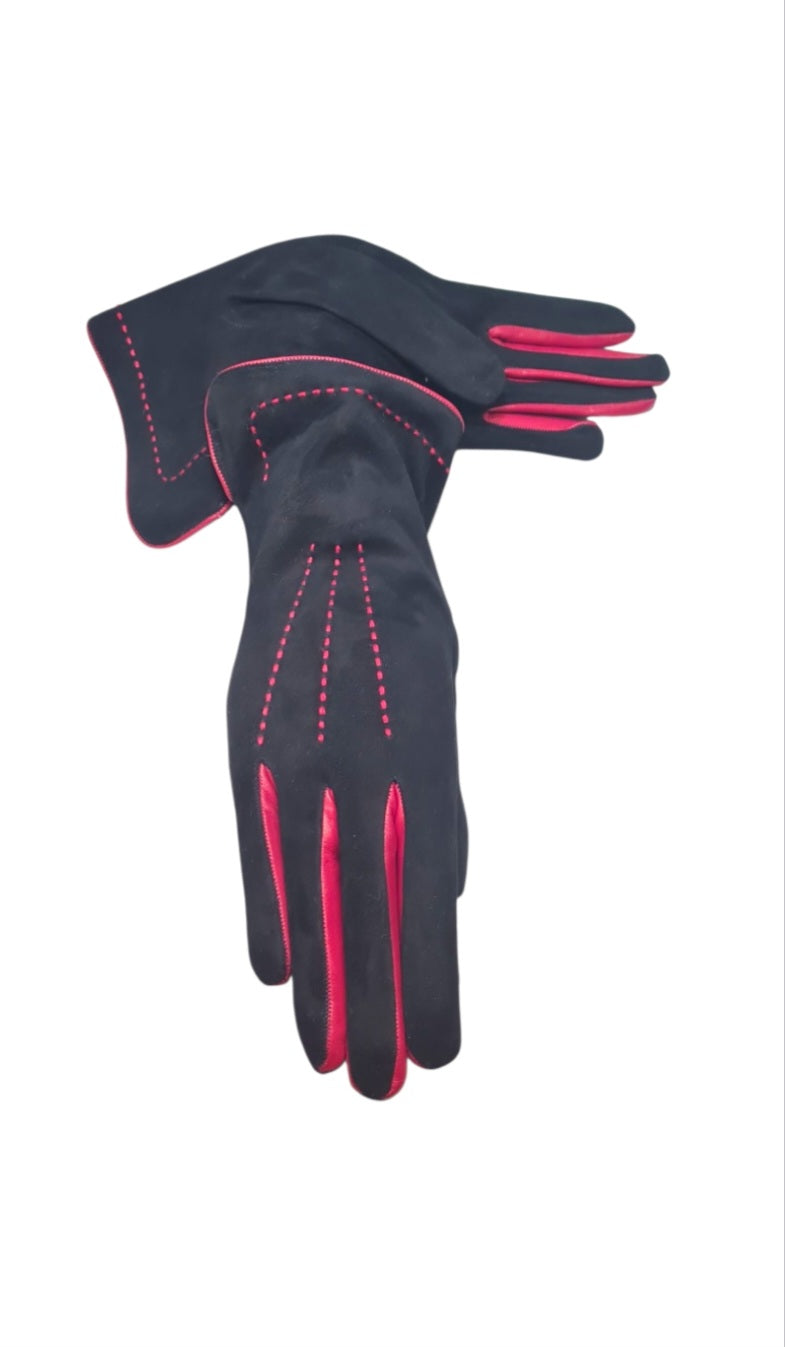 "Melissa" - Guanti da donna in pelle di agnello scamosciata nero con contrasto rosso foderati in cashmere
