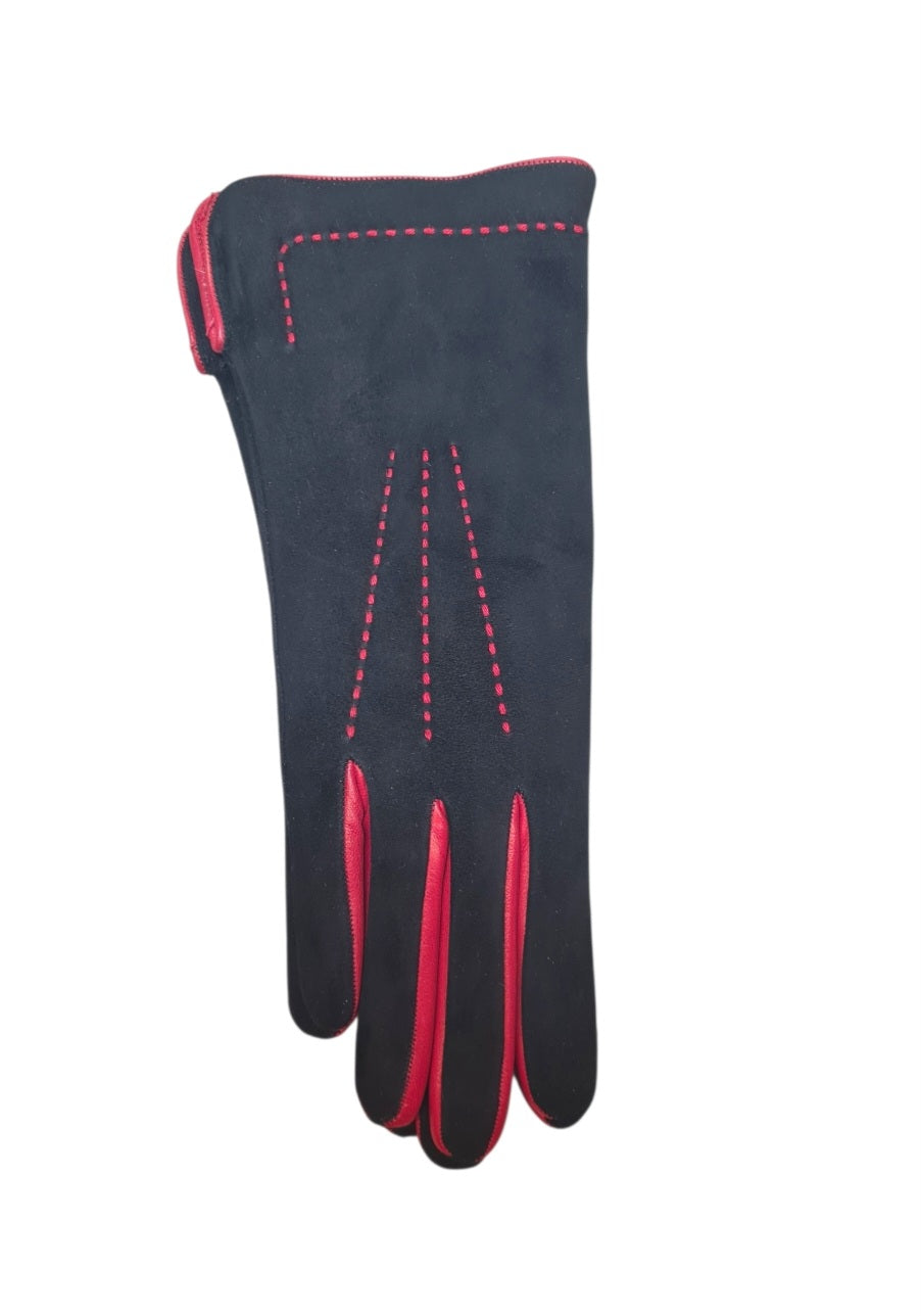 "Melissa" - Guanti da donna in pelle di agnello scamosciata nero con contrasto rosso foderati in cashmere