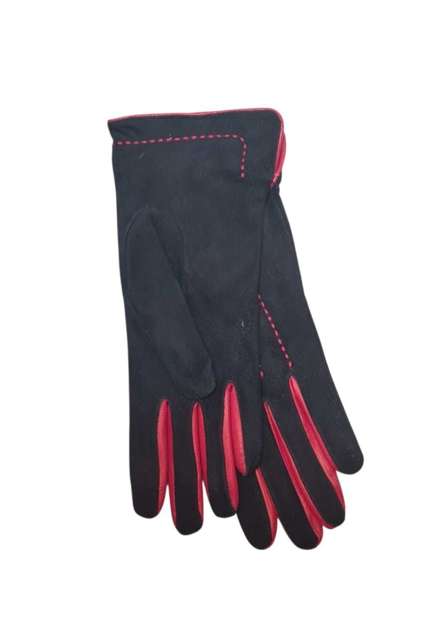 "Melissa" - Guanti da donna in pelle di agnello scamosciata nero con contrasto rosso foderati in cashmere
